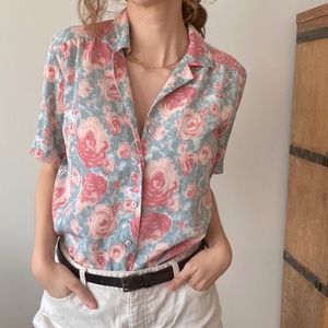 Vintage Rose Floral Print Short Sleeve Button Down Blouse, Size 6